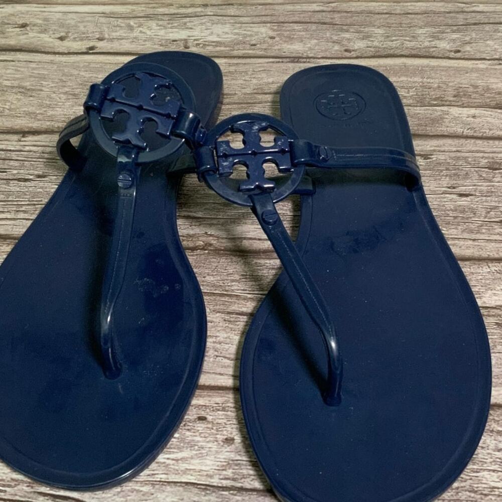 Tory Burch Miller Logo Thong Sandals Navy Blue Women 8